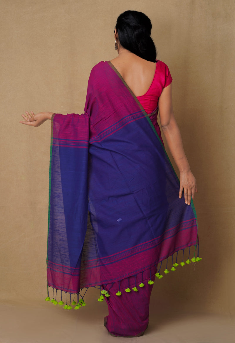 Pink-Navy Blue Pure  Cotton Linen Saree With Tassels-UNM65230