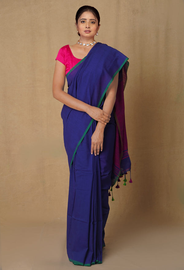 Navy Blue-Pink Pure  Cotton Linen Saree With Tassels-UNM65231