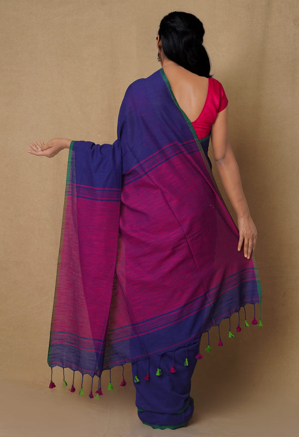 Navy Blue-Pink Pure  Cotton Linen Saree With Tassels-UNM65231