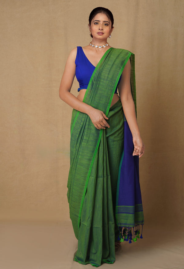 Green-Blue Pure  Cotton Linen Saree With Tassels-UNM65233
