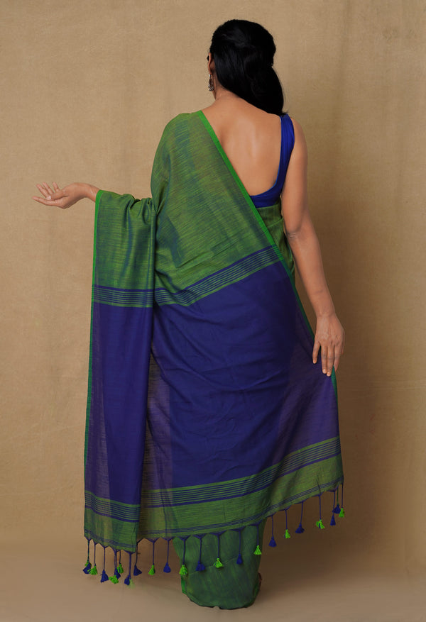 Green-Blue Pure  Cotton Linen Saree With Tassels-UNM65233
