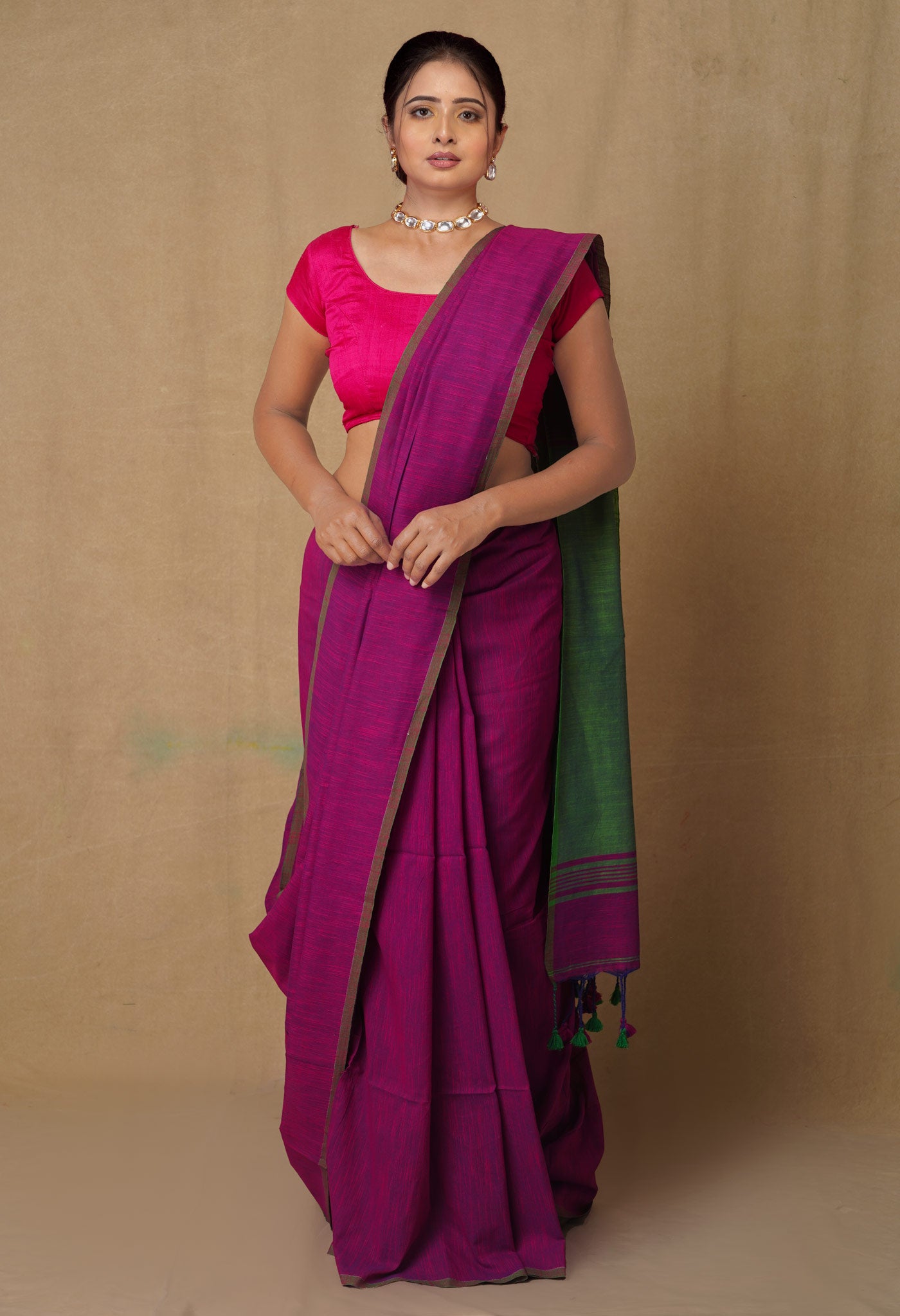Pink-Green Pure  Cotton Linen Saree With Tassels-UNM65234