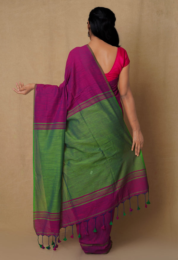 Pink-Green Pure  Cotton Linen Saree With Tassels-UNM65234