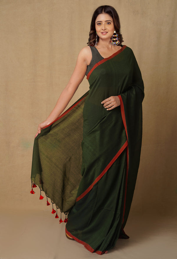 Green Pure  Cotton Linen Saree With Tassels-UNM65243