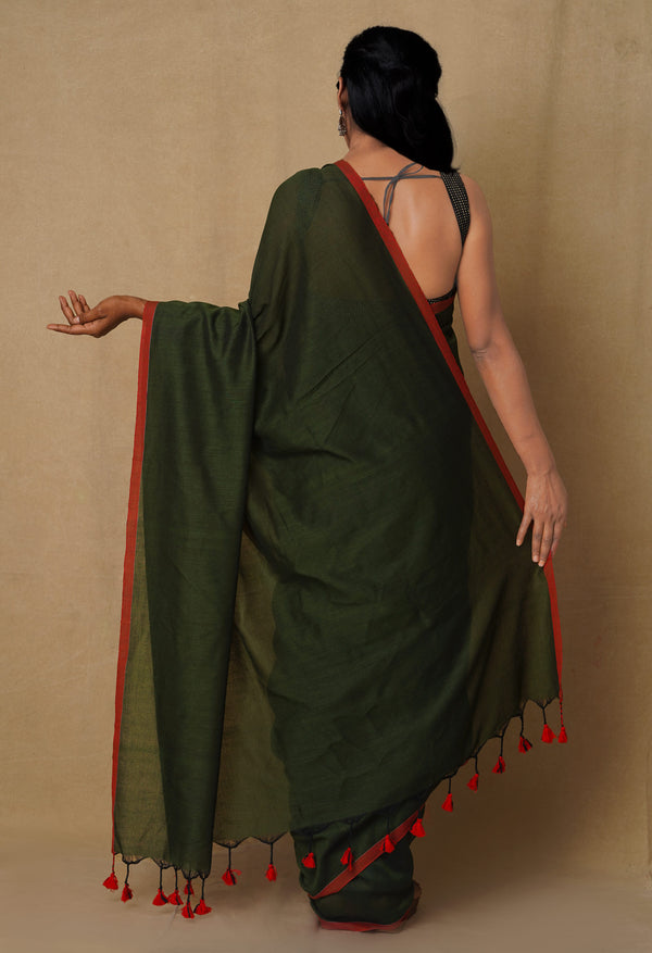 Green Pure  Cotton Linen Saree With Tassels-UNM65243