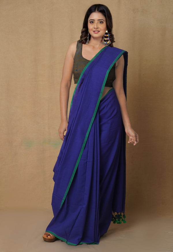 Navy Blue Pure  Cotton Linen Saree With Tassels-UNM65246