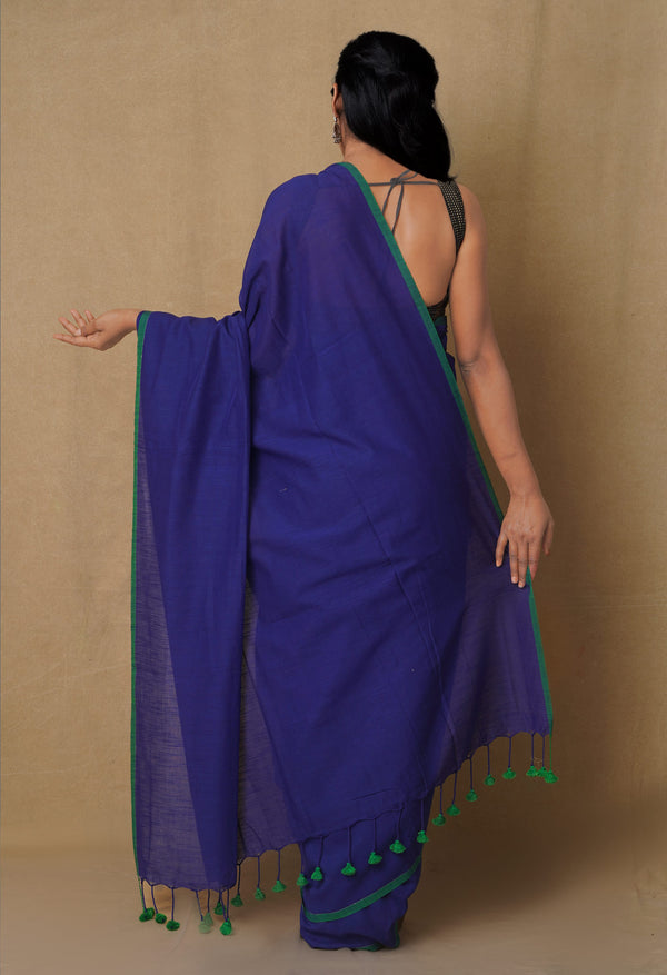 Navy Blue Pure  Cotton Linen Saree With Tassels-UNM65246
