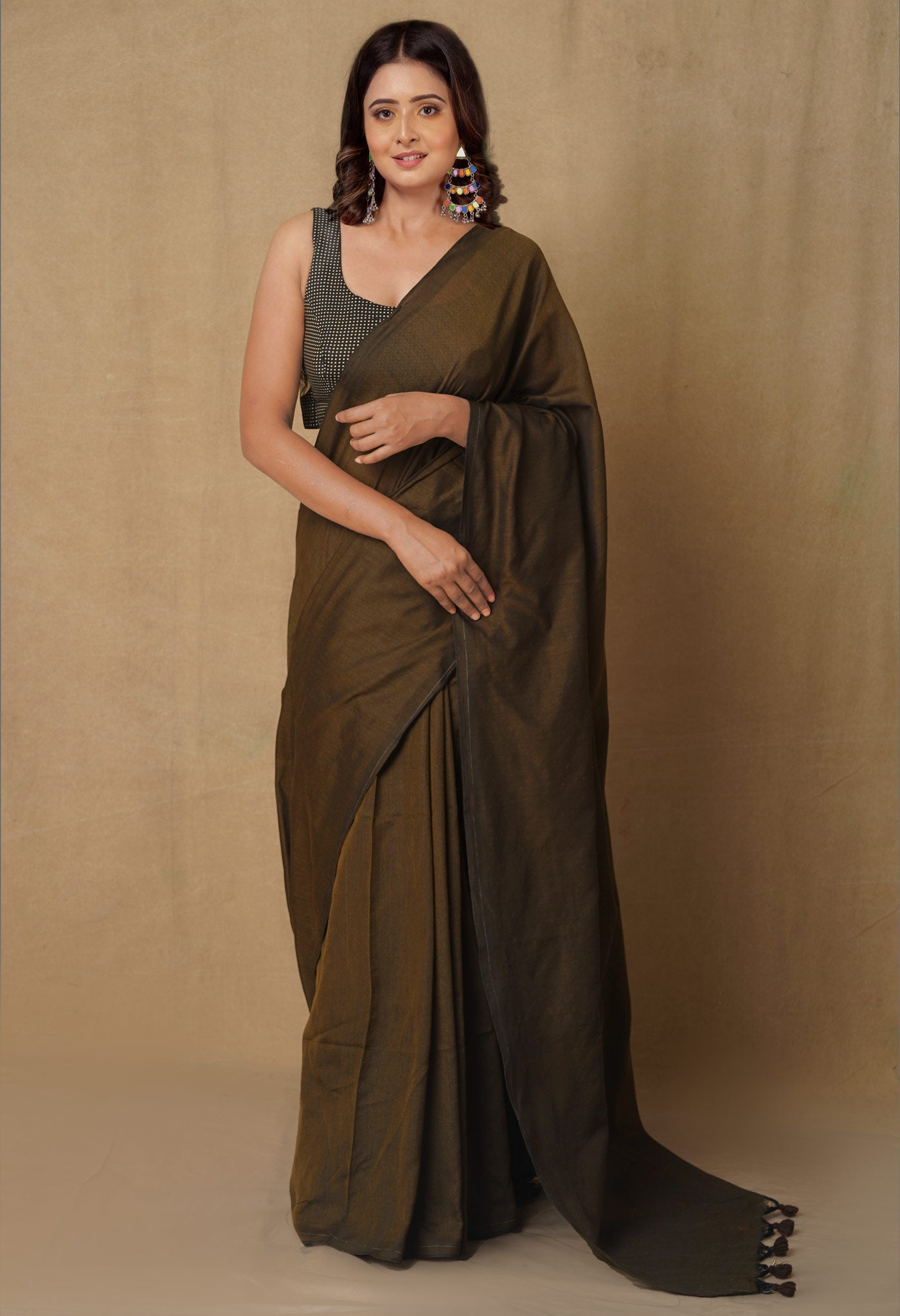 Olive Green Pure  Cotton Linen Saree With Tassels-UNM65250