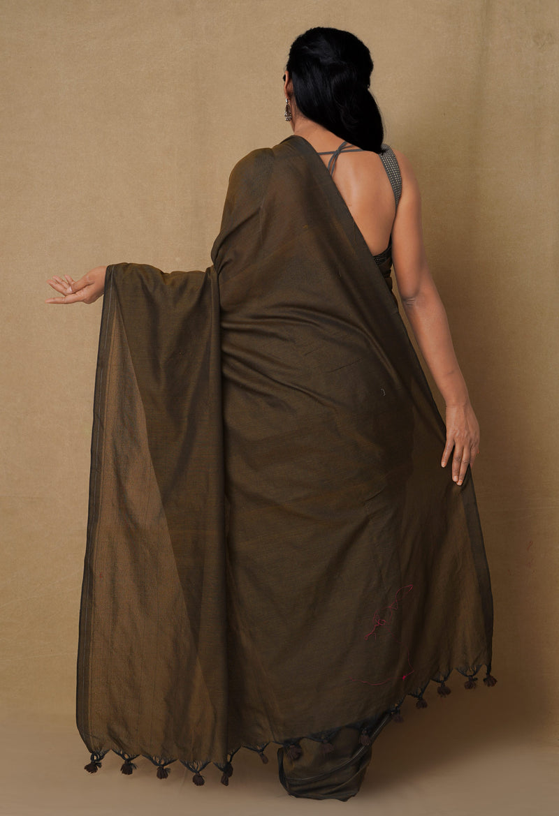 Olive Green Pure  Cotton Linen Saree With Tassels-UNM65250