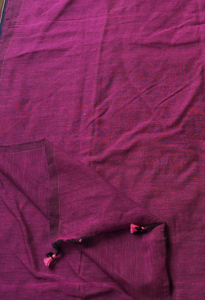 Purple-Black Pure  Cotton Linen Saree With Tassels-UNM65252