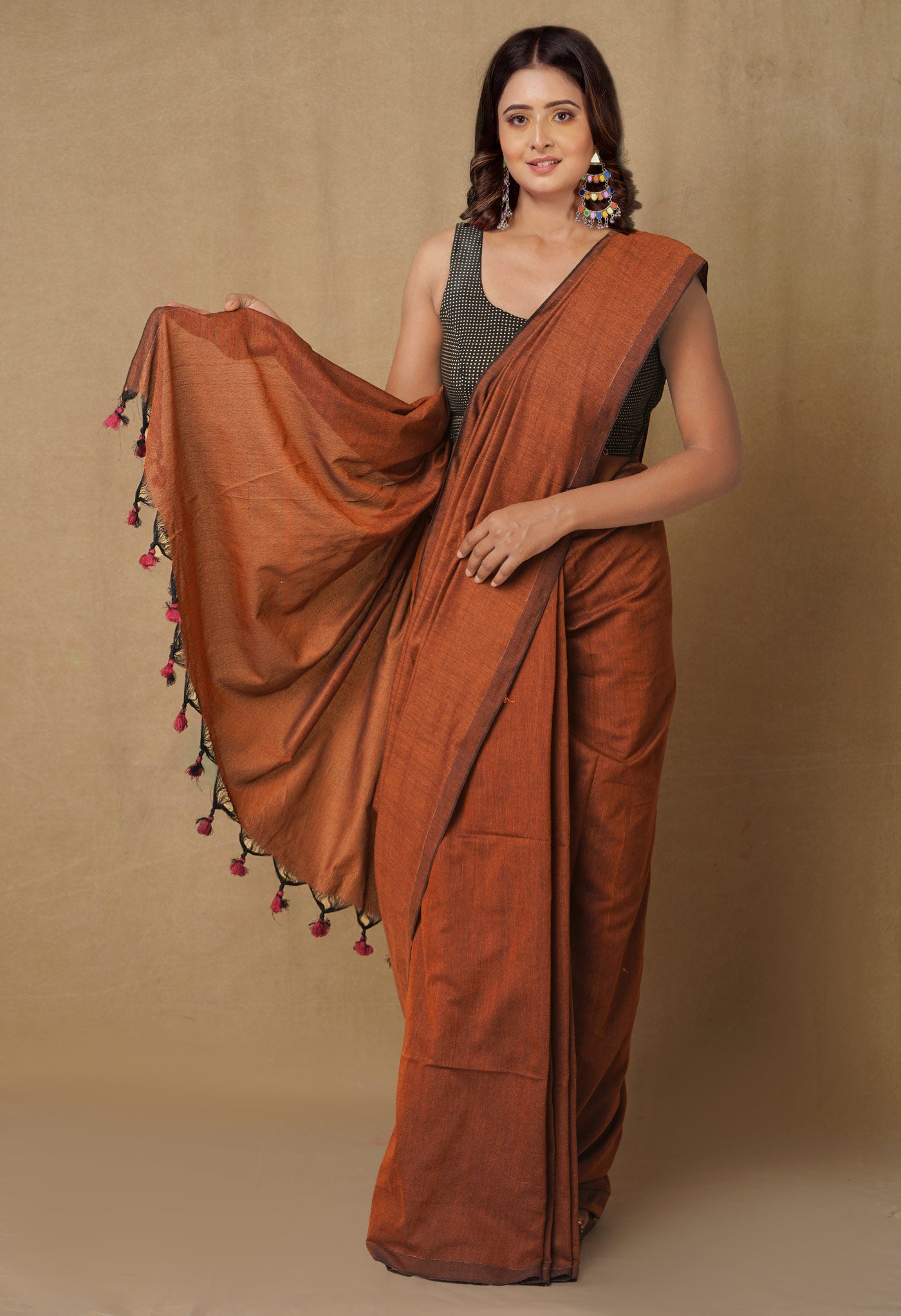 Rosy Brown Pure  Cotton Linen Saree With Tassels-UNM65254