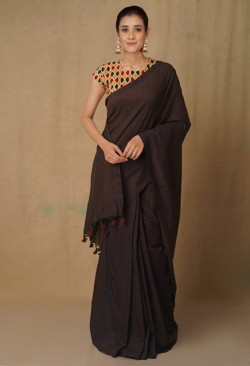 Dark Brown Pure Cotton Linen Saree-UNM65271