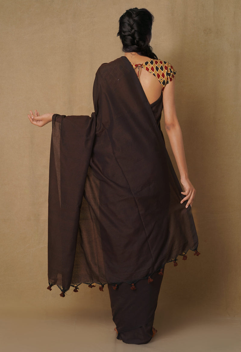 Dark Brown Pure Cotton Linen Saree-UNM65271