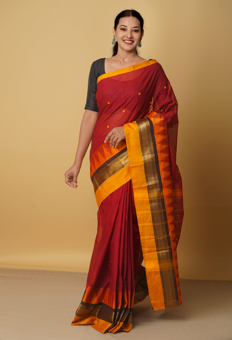 Maroon Pure Handloom Pavani Chettinad Cotton Saree-UNM65782