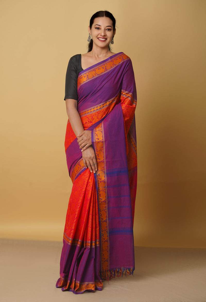 Orange Pure Handloom Pavani Chettinad Cotton Saree-UNM65802