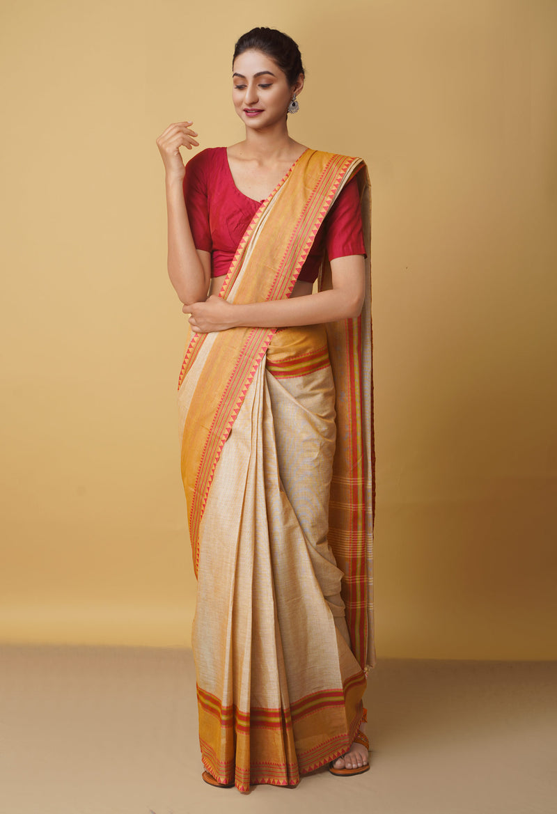 Cream Pure Handloom Pavani Chettinad Cotton Saree-UNM65852