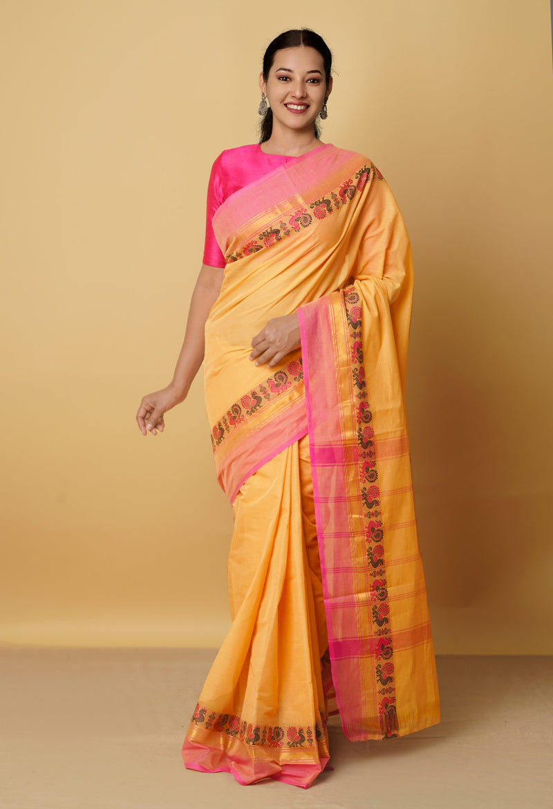 Light Orange Pure Pavani Handcrafted Kanchi Cotton Saree-UNM66028