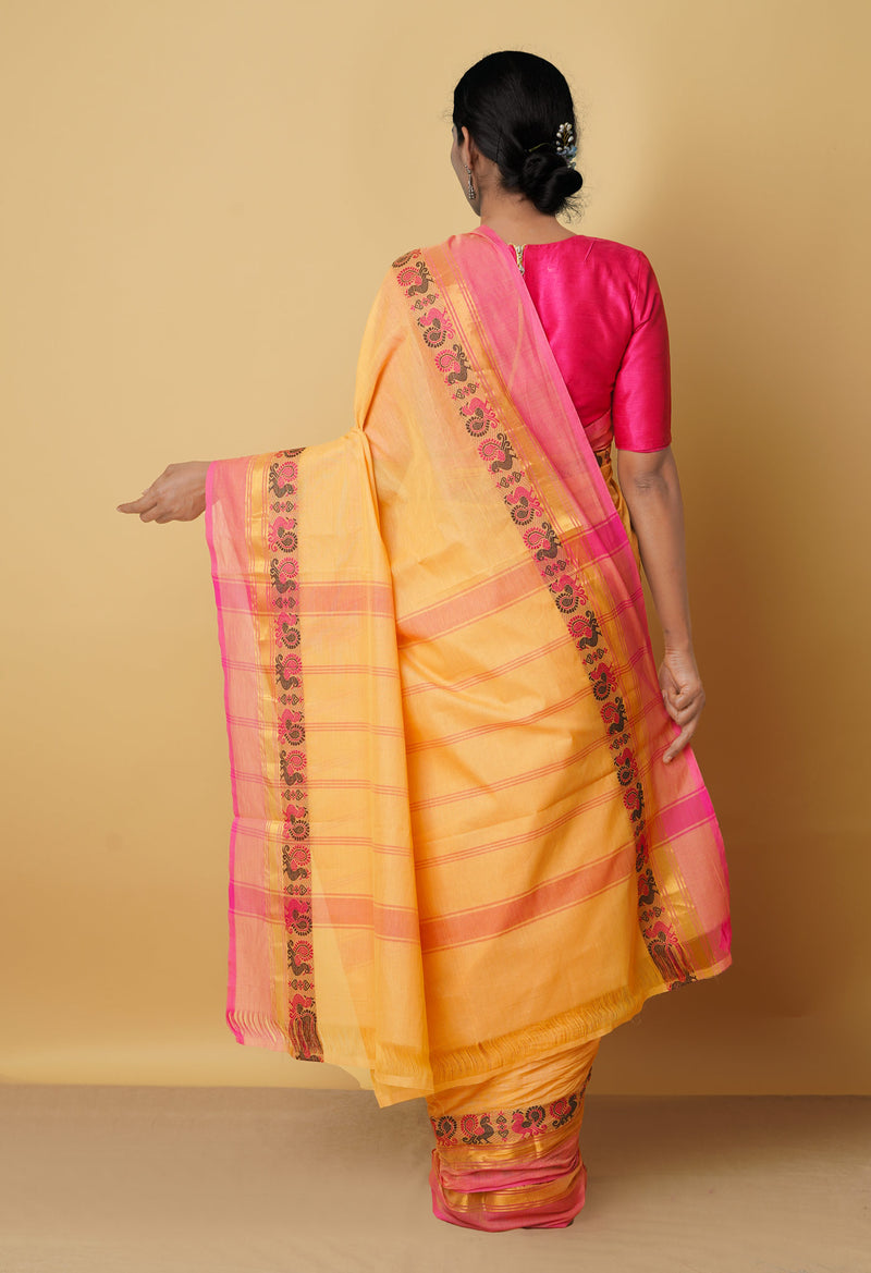 Light Orange Pure Pavani Handcrafted Kanchi Cotton Saree-UNM66028