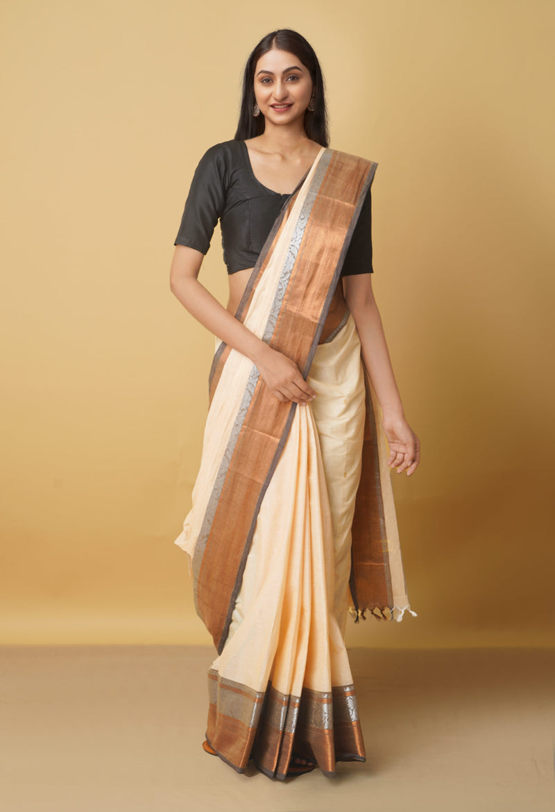 Cream Pure Pavani Handcrafted Kanchi Cotton Saree-UNM66054