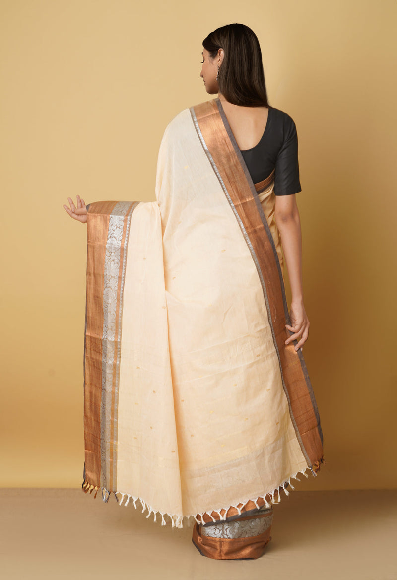 Cream Pure Pavani Handcrafted Kanchi Cotton Saree-UNM66054