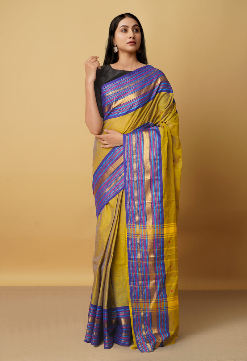 Green-Blue Pure Pavani Handcrafted Kanchi Cotton Saree-UNM66142