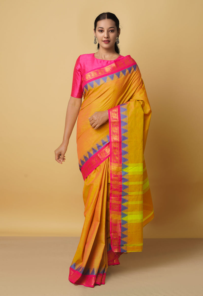 Orange-Green Pure Pavani Handcrafted Kanchi Cotton Saree-UNM66161