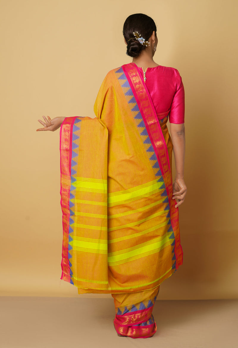 Orange-Green Pure Pavani Handcrafted Kanchi Cotton Saree-UNM66161