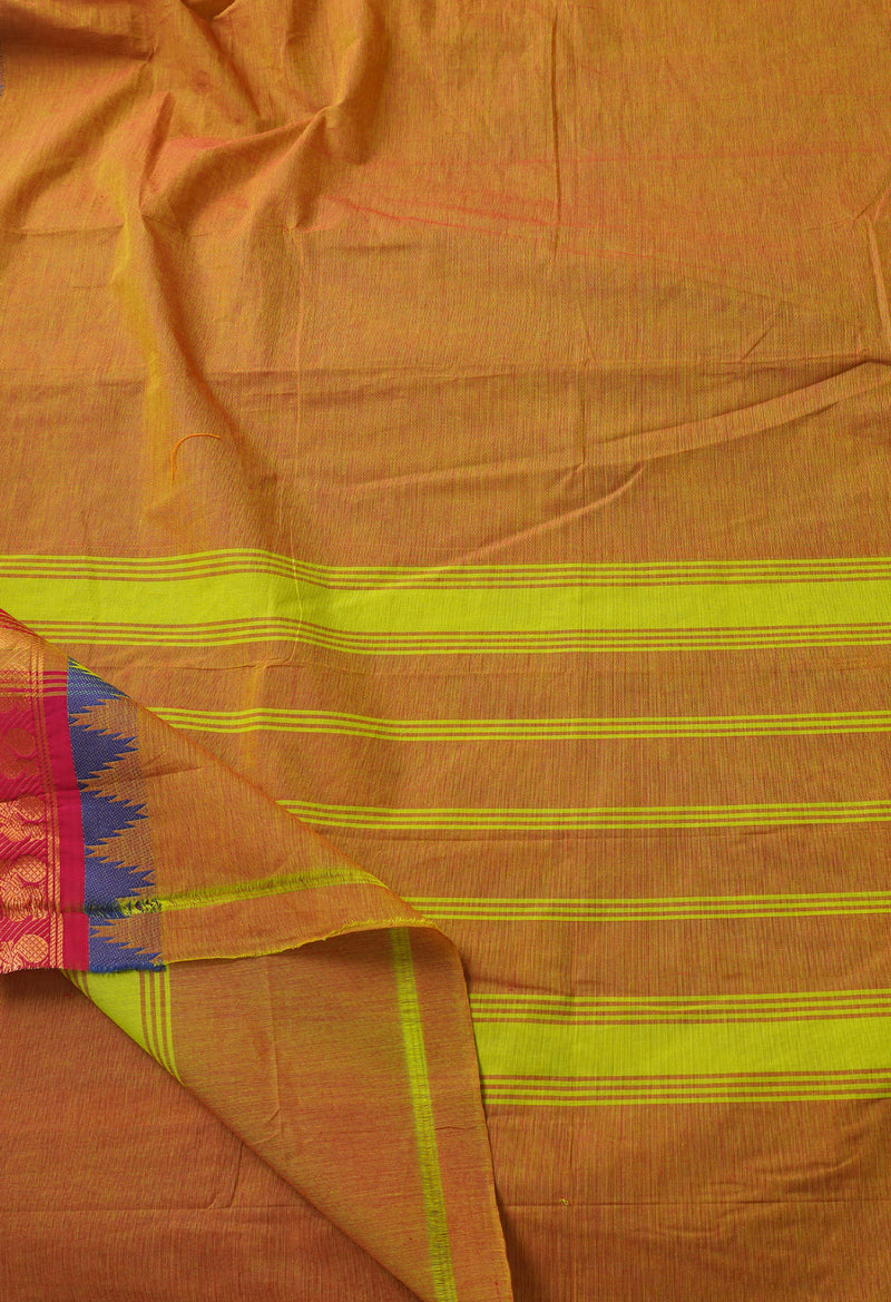 Orange-Green Pure Pavani Handcrafted Kanchi Cotton Saree-UNM66161