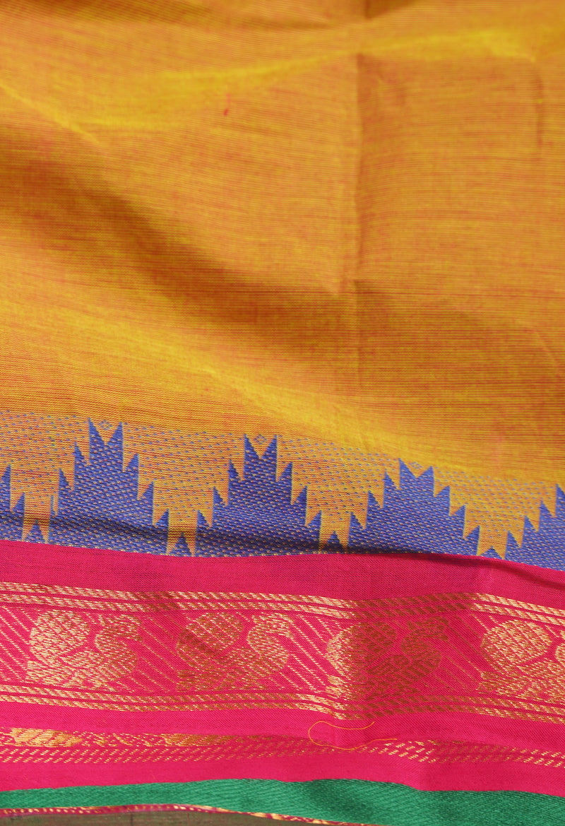 Orange-Green Pure Pavani Handcrafted Kanchi Cotton Saree-UNM66161