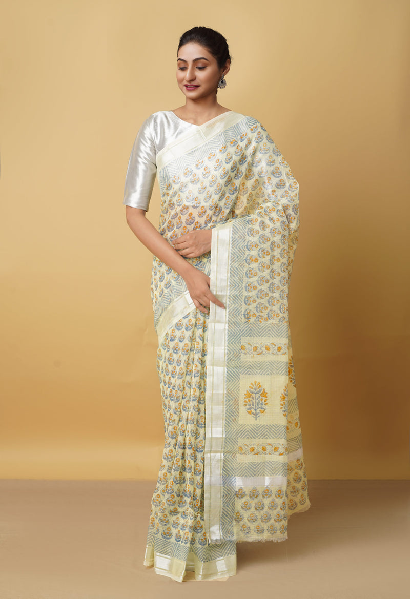 Light Green Pure Kota Block Printed Cotton Saree-UNM66181
