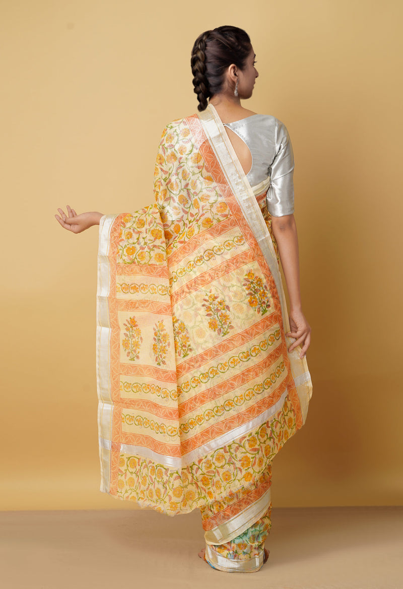Light Yellow Pure Kota Block Printed Cotton Saree-UNM66185