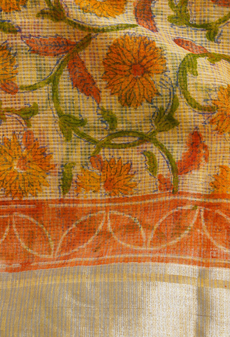 Light Yellow Pure Kota Block Printed Cotton Saree-UNM66185