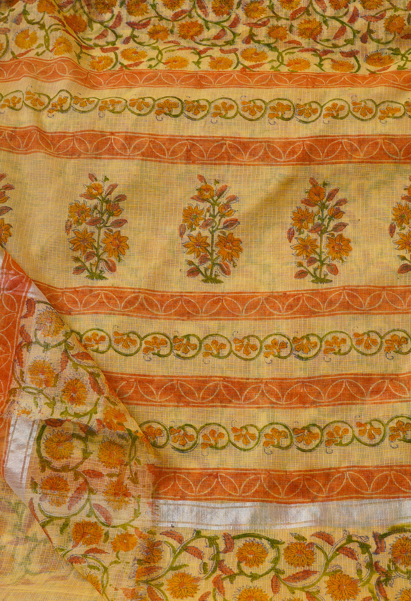 Light Yellow Pure Kota Block Printed Cotton Saree-UNM66185
