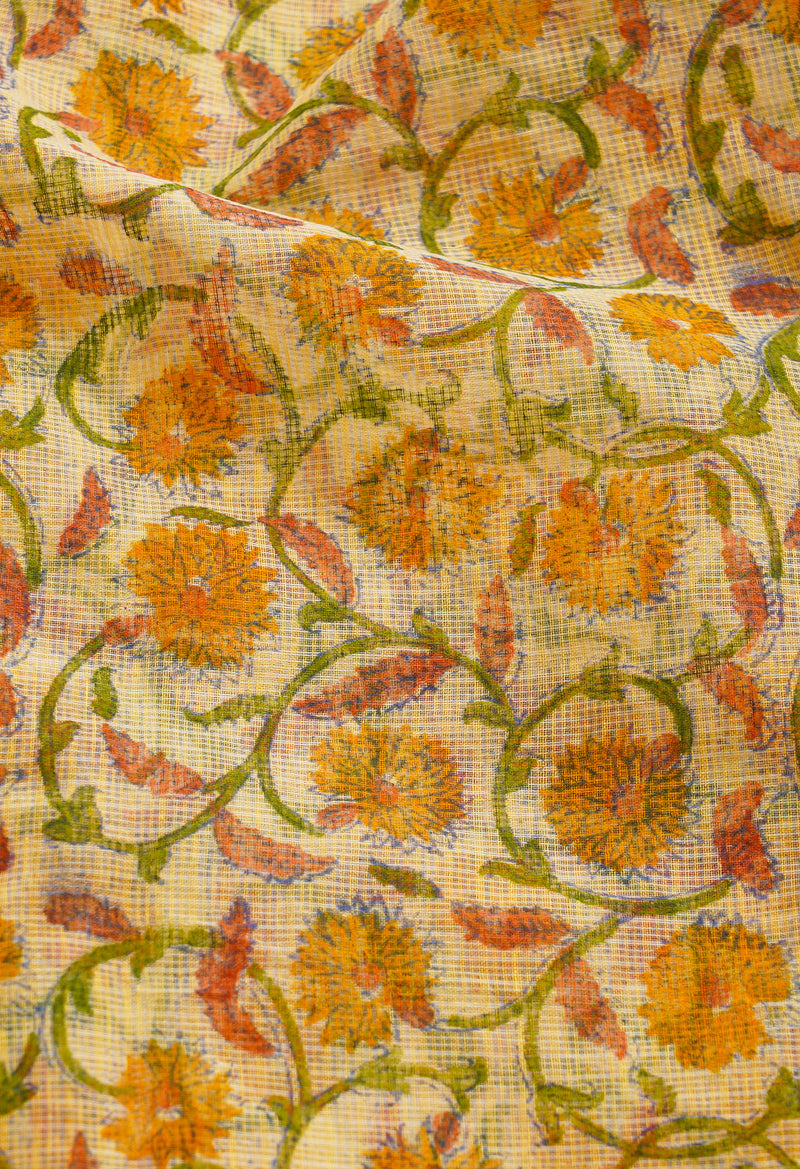 Light Yellow Pure Kota Block Printed Cotton Saree-UNM66185