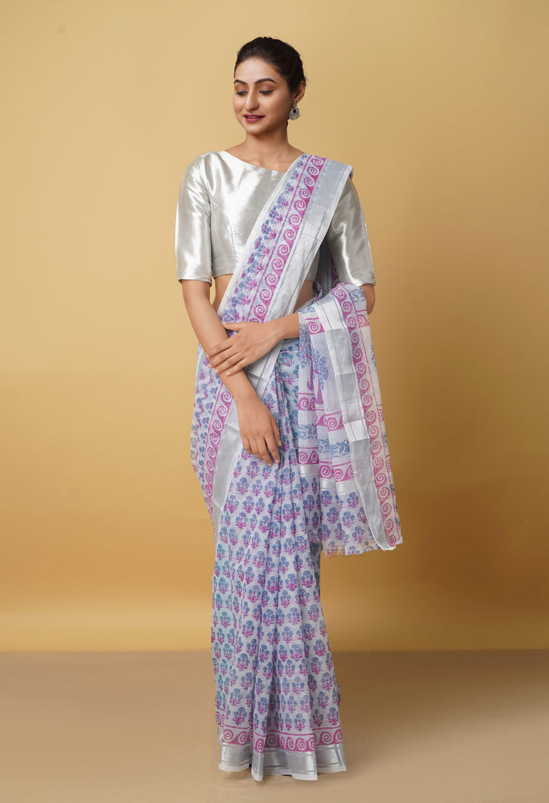Light Blue Pure Kota Block Printed Cotton Saree-UNM66188