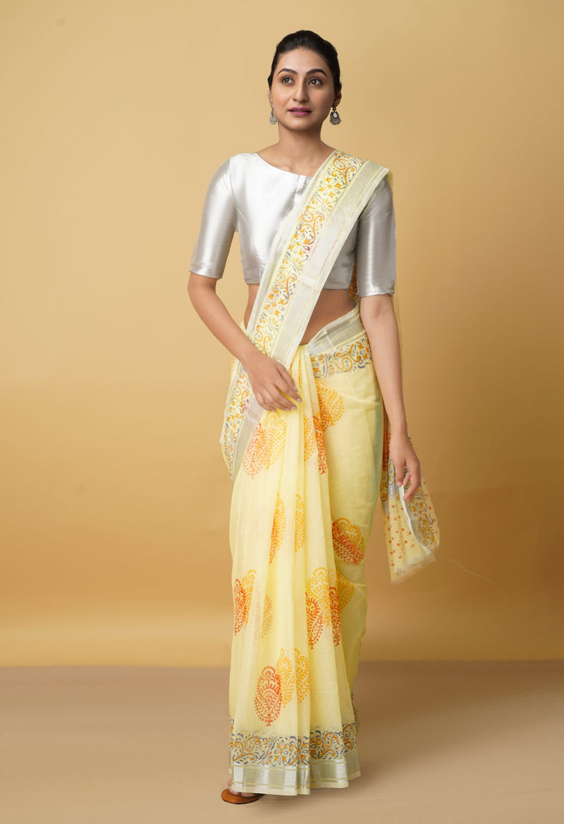 Lemon Yellow Pure Kota Block Printed Cotton Saree-UNM66204