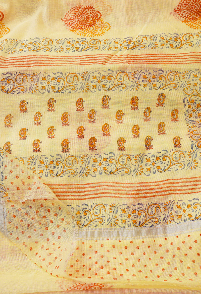 Lemon Yellow Pure Kota Block Printed Cotton Saree-UNM66204