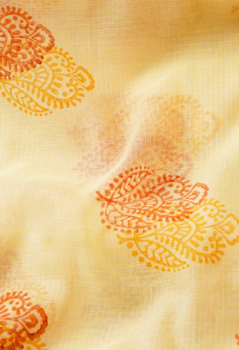 Lemon Yellow Pure Kota Block Printed Cotton Saree-UNM66204
