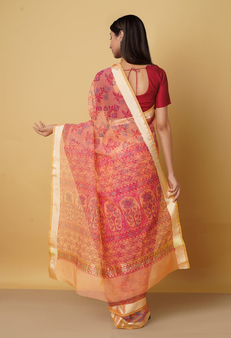 Red  Screen Printed Organza Saree-UNM66330