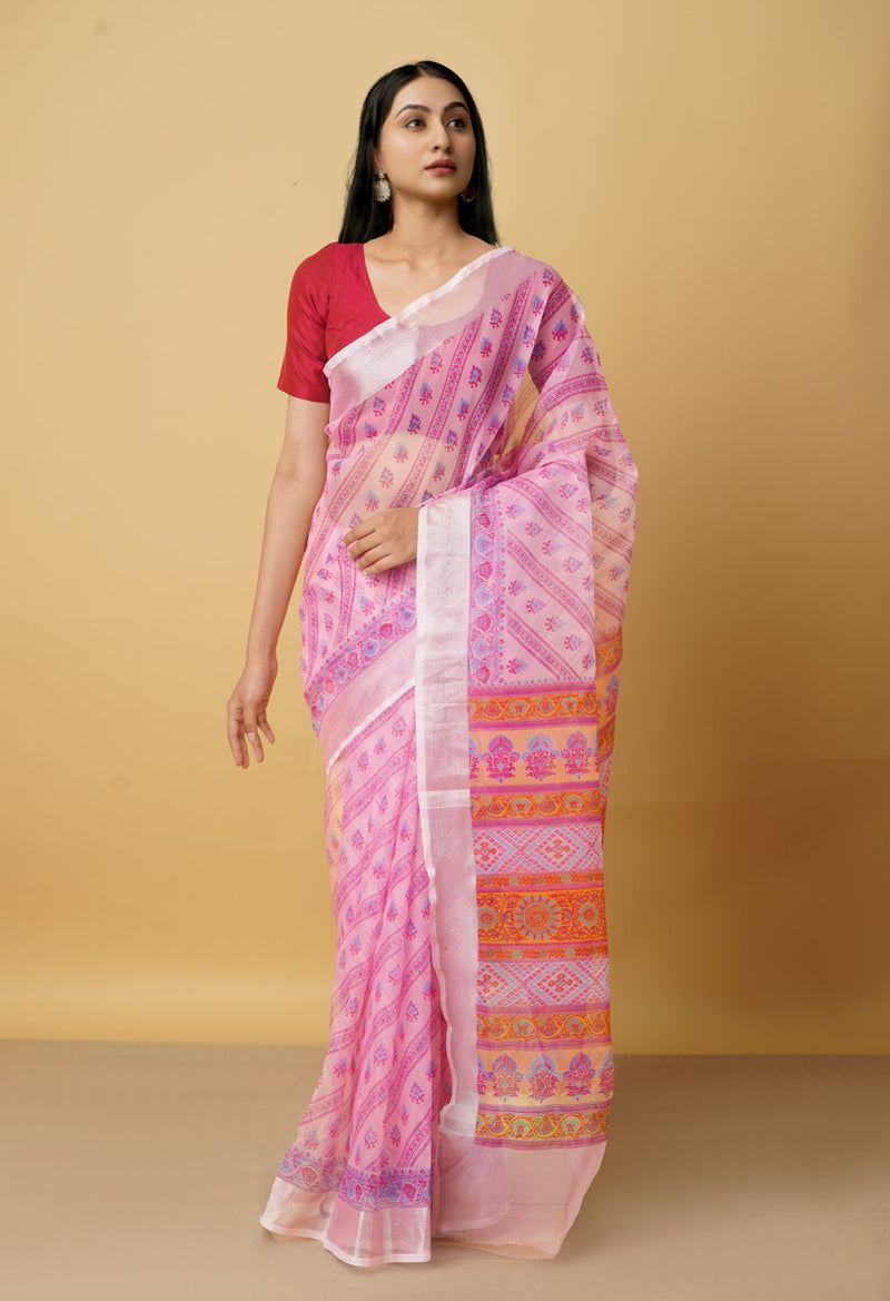 Pink  Screen Printed Organza Saree-UNM66332