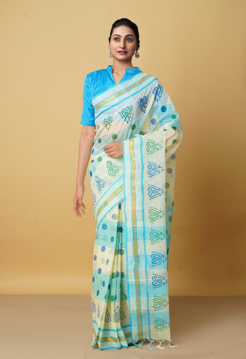 Cream PureHandloom Bengal Cotton Saree-UNM66337