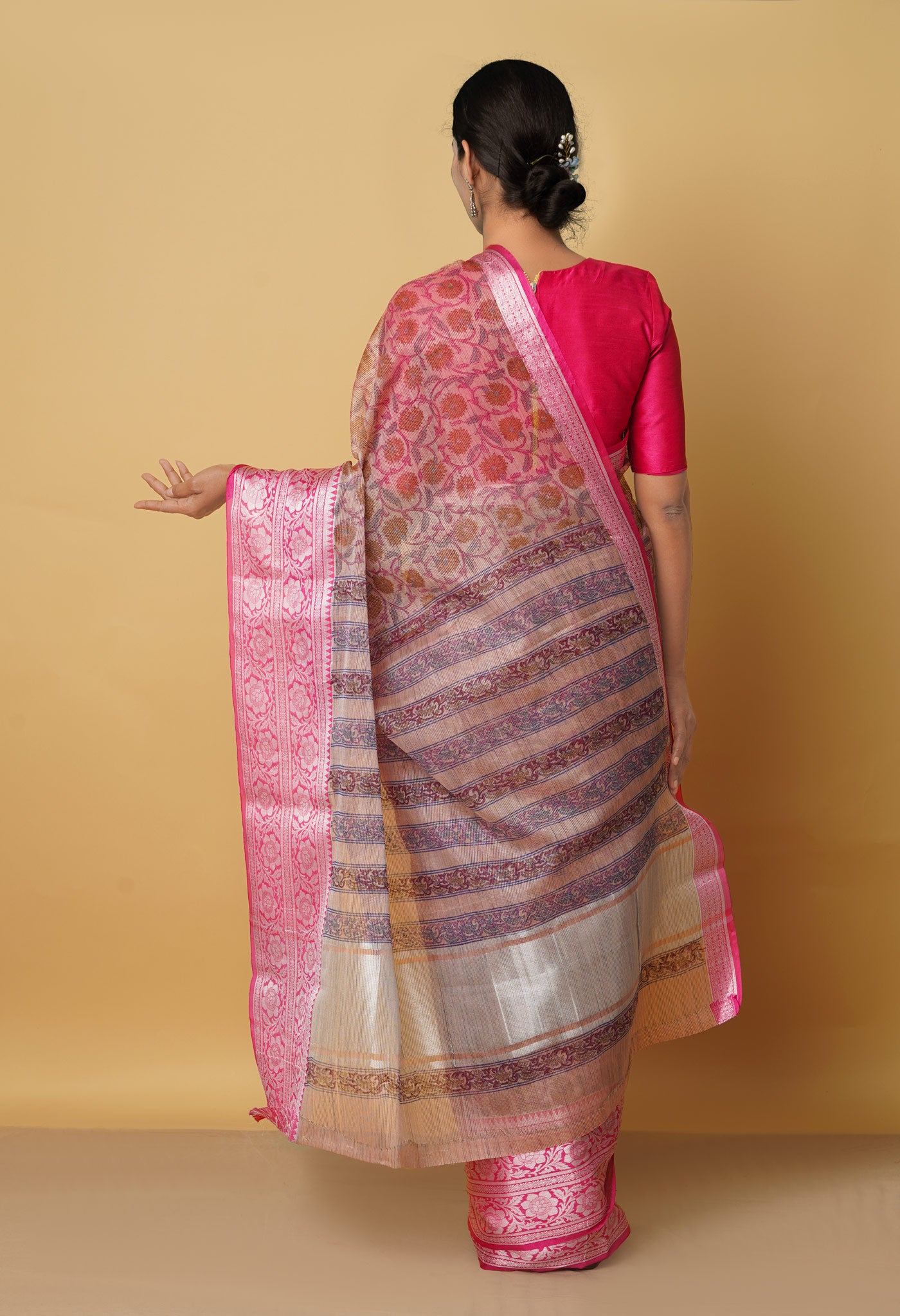 Cream  Block Printed Banarasi Tissue Saree-UNM66341