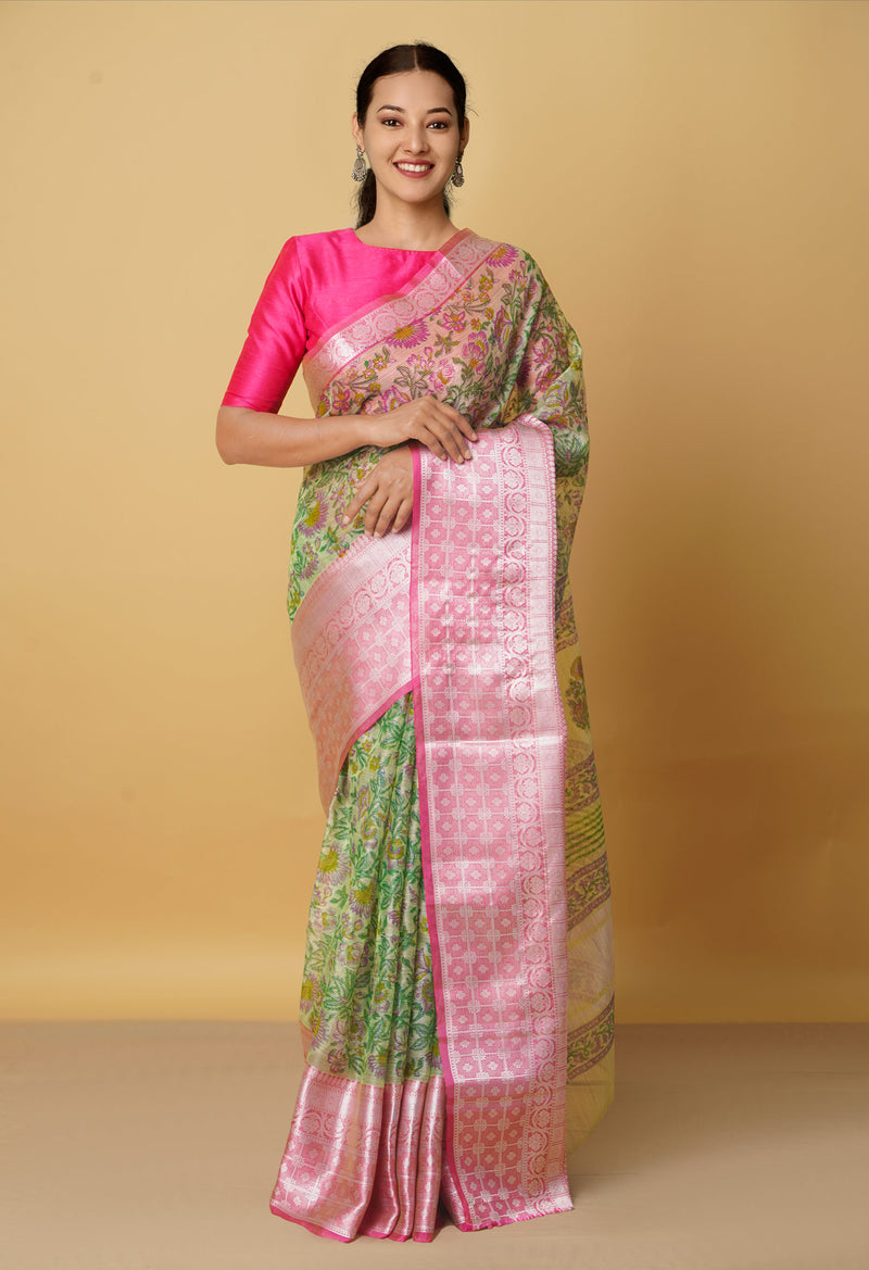 Green  Block Printed Banarasi Tissue Saree-UNM66342