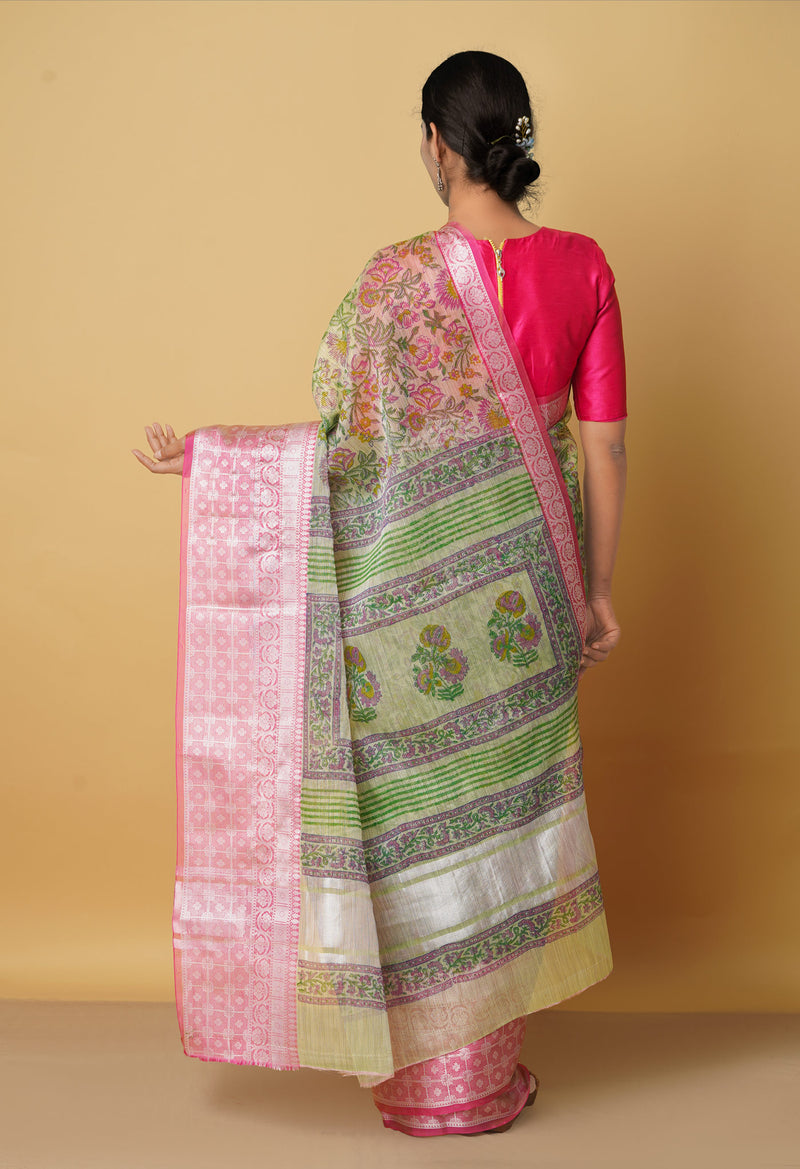 Green  Block Printed Banarasi Tissue Saree-UNM66342