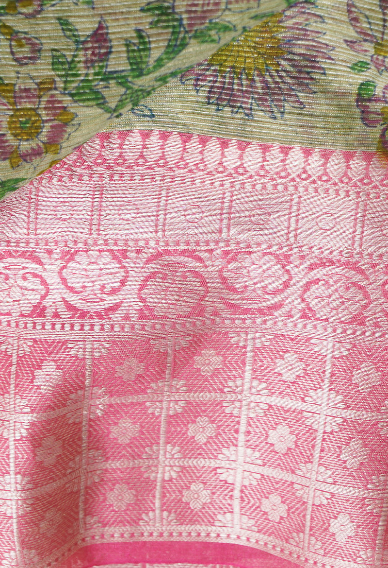 Green  Block Printed Banarasi Tissue Saree-UNM66342