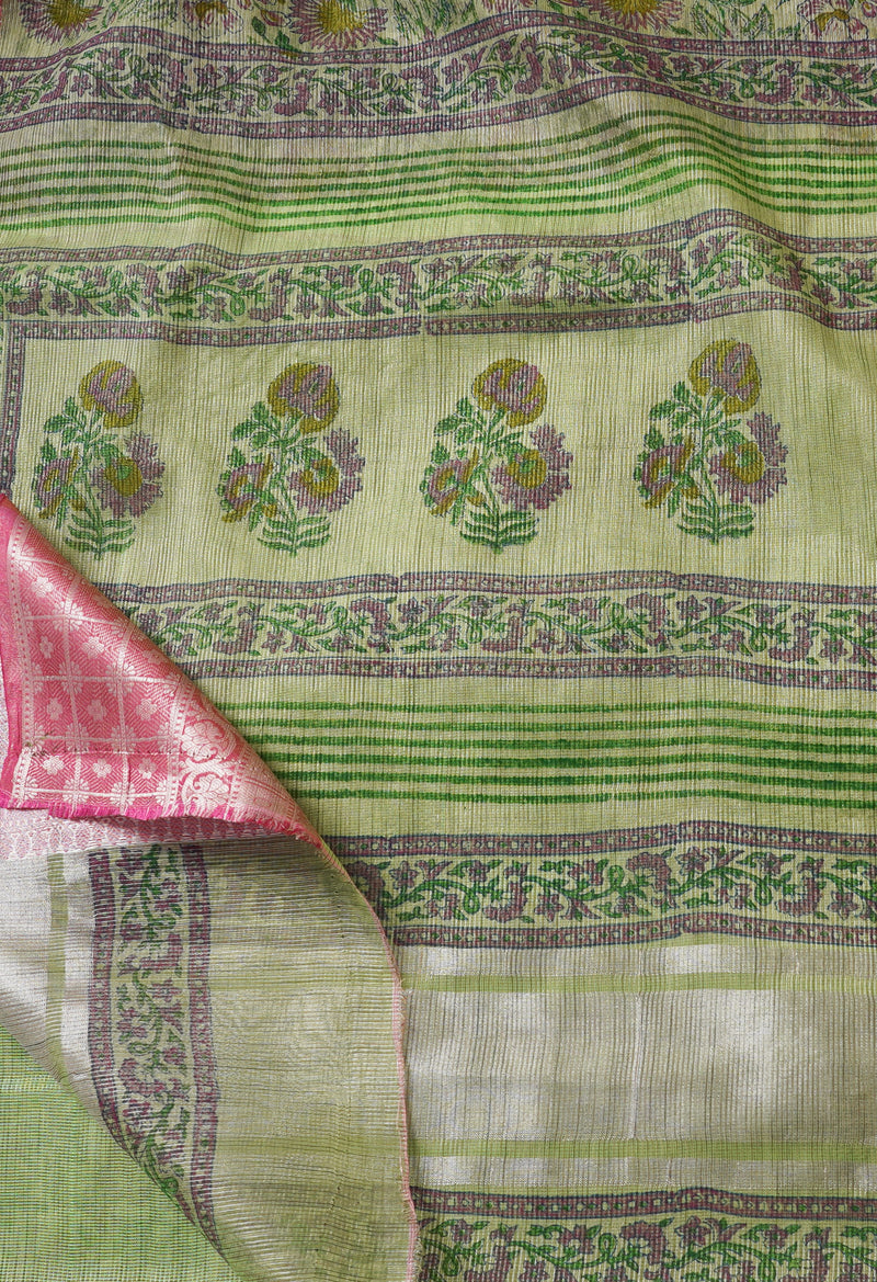 Green  Block Printed Banarasi Tissue Saree-UNM66342
