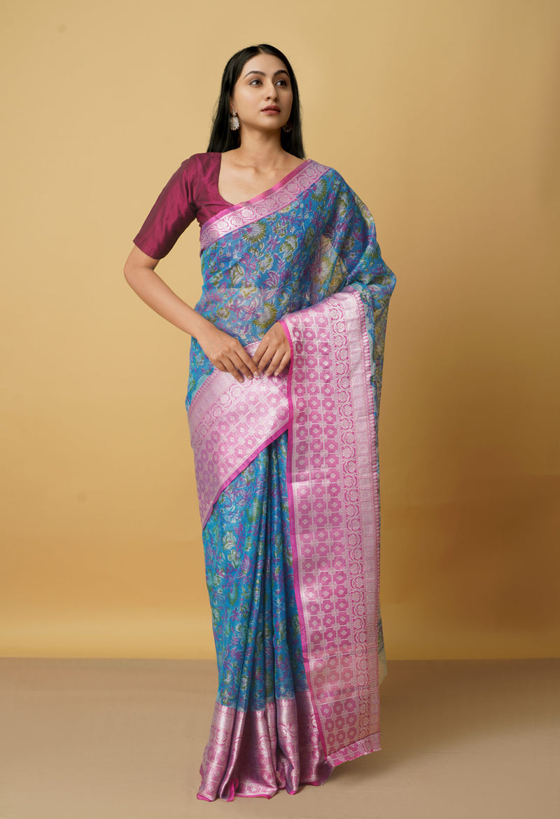 Blue  Block Printed Banarasi Tissue Saree-UNM66343