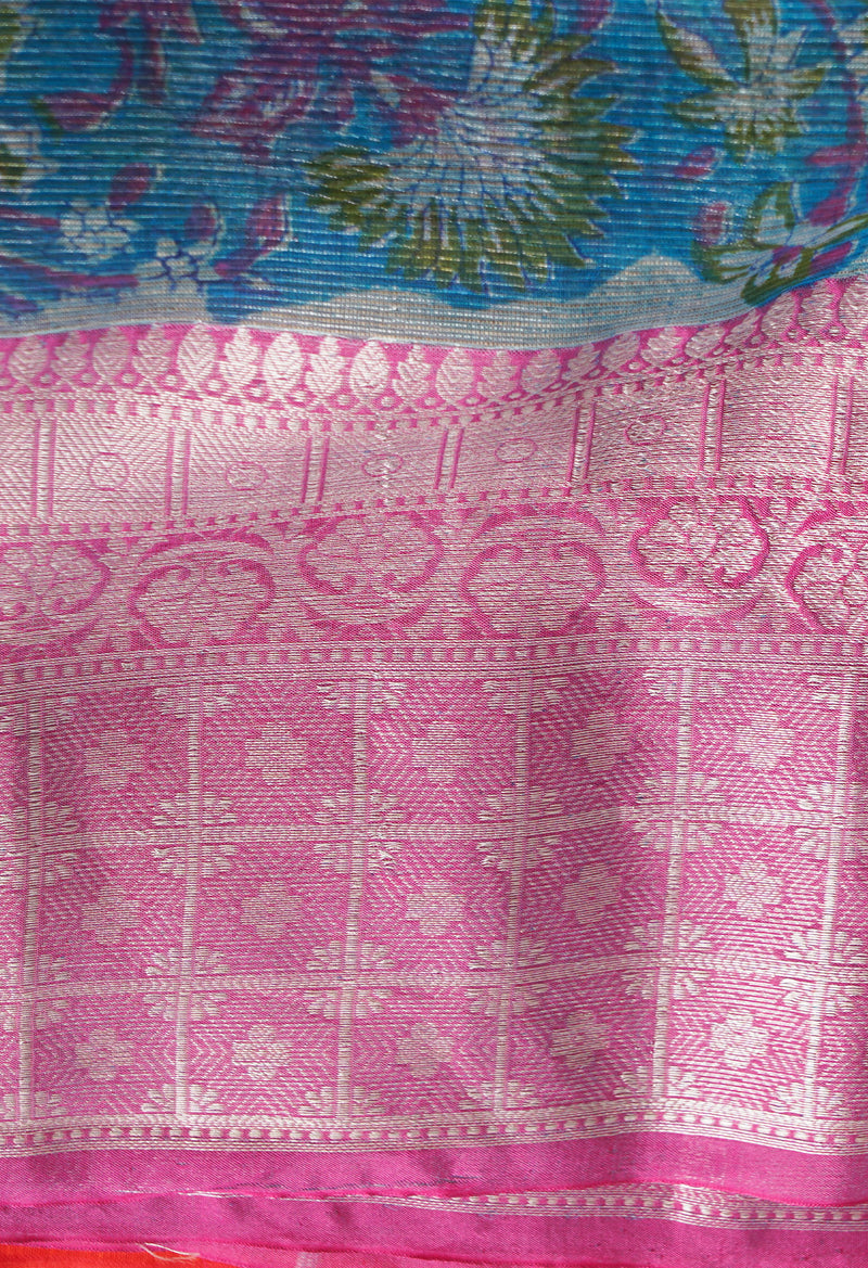 Blue  Block Printed Banarasi Tissue Saree-UNM66343