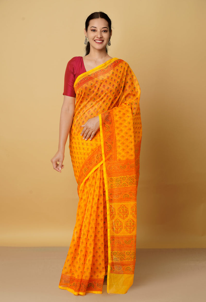 Orange  Block Printed Supernet Saree-UNM66349
