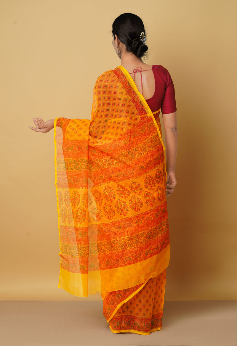 Orange  Block Printed Supernet Saree-UNM66349